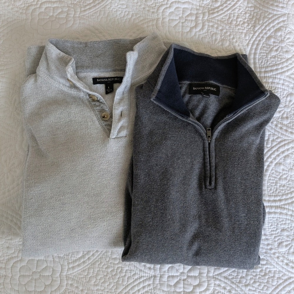 Banana Republic Premium Luxe Sweater Bundle Mens L Grey Quarter Zip Button Mock